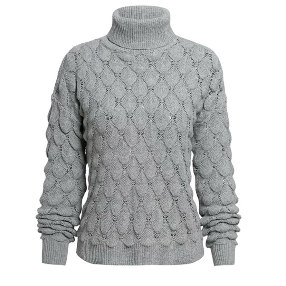 Gray Turtleneck Textured Scallop Knit Sweater - Picture 2 of 7